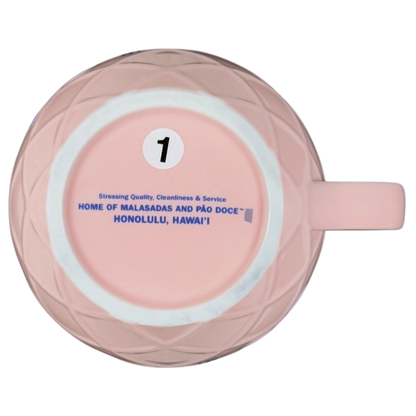 Leonard's Bakery collectible mug in pink with textured design and branding on the bottom