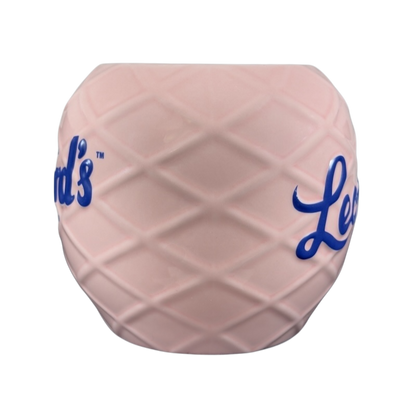 Leonard's Bakery collectible mug in pink with blue lettering featuring a textured design