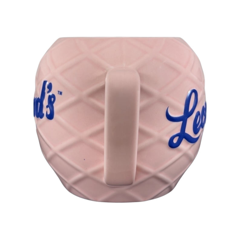 Leonard's Bakery collectible mug in pink with a textured design and blue lettering