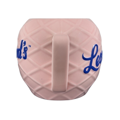 Leonard's Bakery collectible mug in pink with a textured design and blue lettering