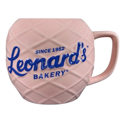 Leonard's Bakery collectible mug in pink with embossed design and logo since 1952