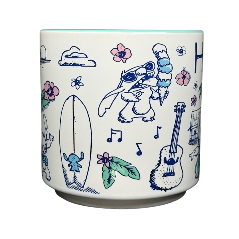 Lilo and Stitch Hawaii Sketch Art Mug Disney featuring vibrant illustrations of characters and Hawaiian elements