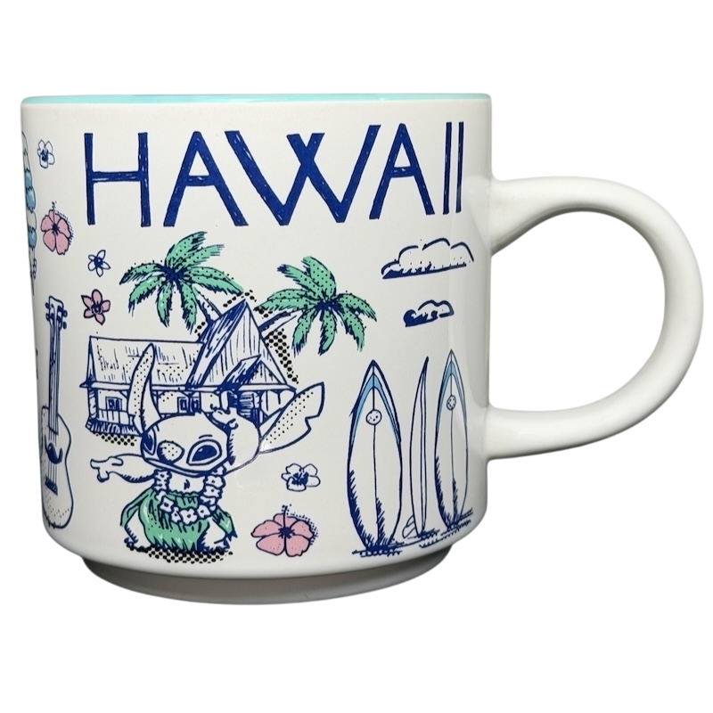 Lilo and Stitch Hawaii Sketch Art Mug Disney featuring tropical designs and surfboards