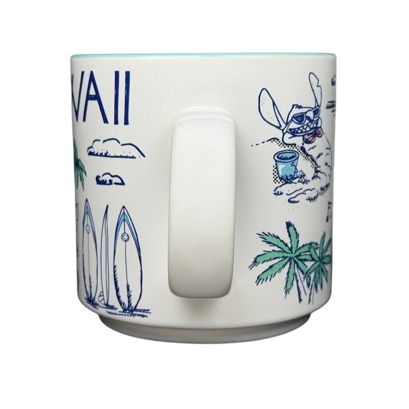 Lilo and Stitch Hawaii Sketch Art Mug Disney featuring surfboards and palm trees in a colorful design