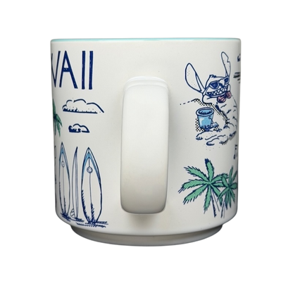 Lilo and Stitch Hawaii Sketch Art Mug Disney featuring surfboards and palm trees in a colorful design