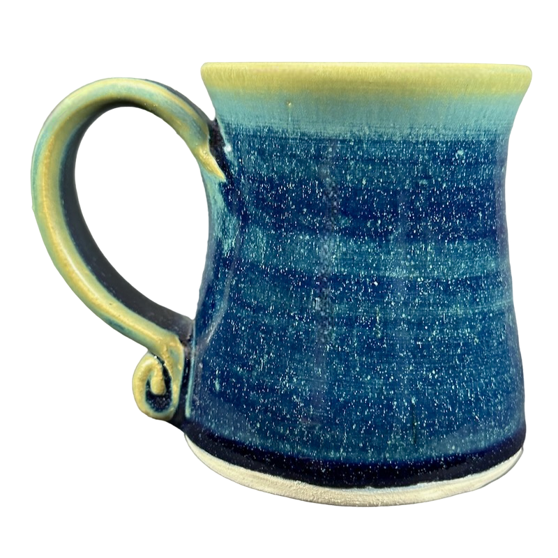 Green blue signed Lindsoe Clayworks mug with a unique glaze and elegant handle design