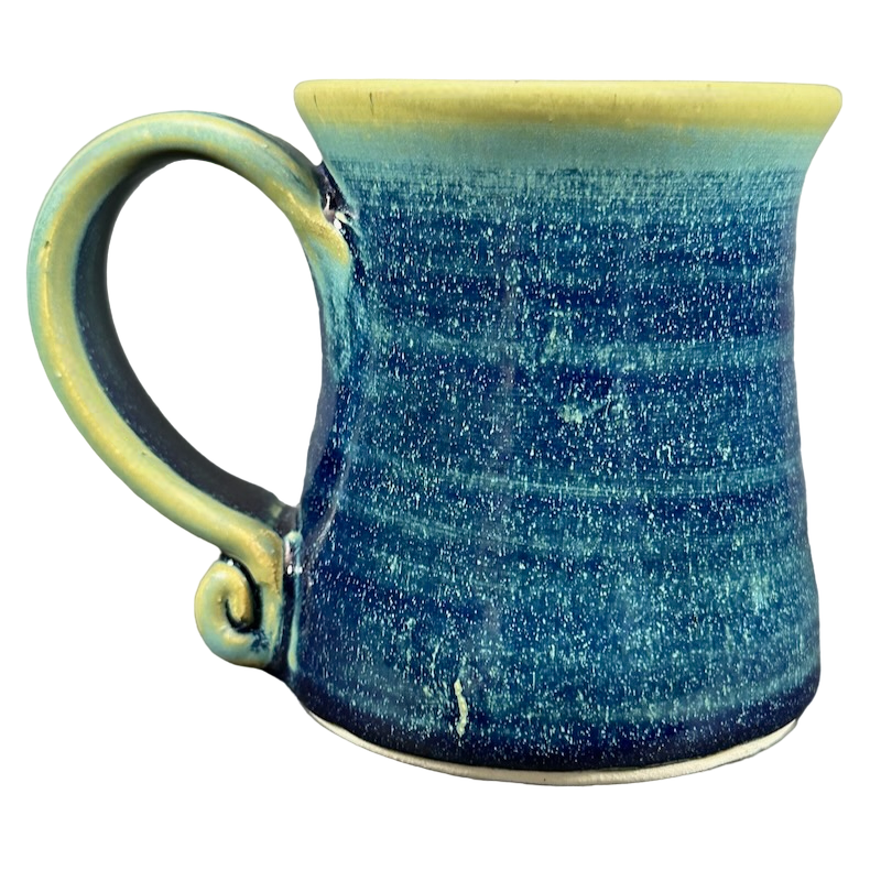Green blue signed Lindsoe Clayworks mug with a unique swirl handle and textured finish
