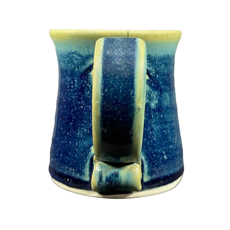 Green blue signed Lindsoe Clayworks mug featuring a unique glaze and sturdy handle