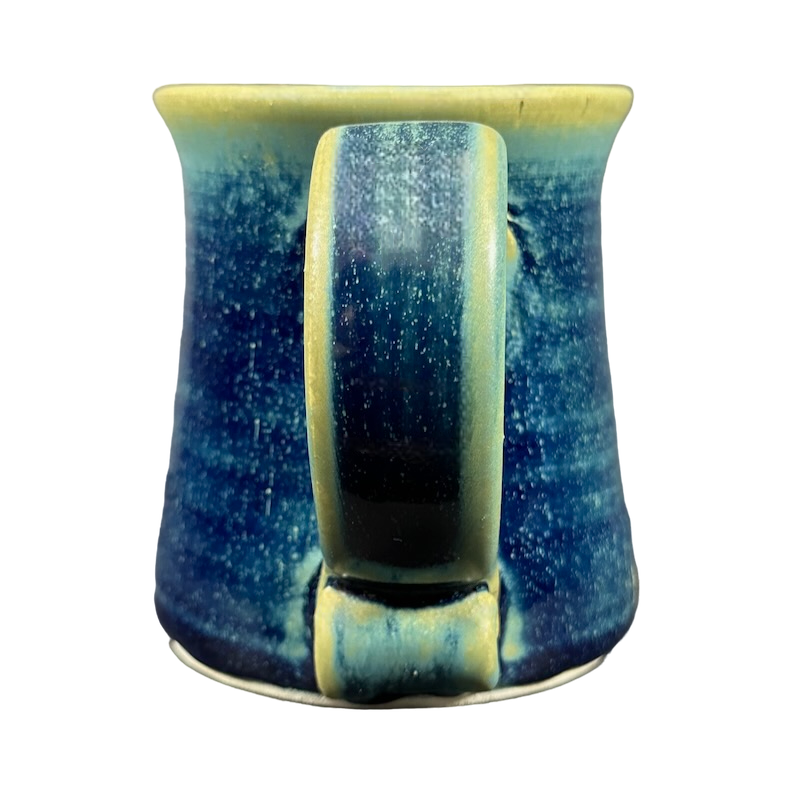 Green blue signed Lindsoe Clayworks mug with a unique glossy finish and sturdy handle