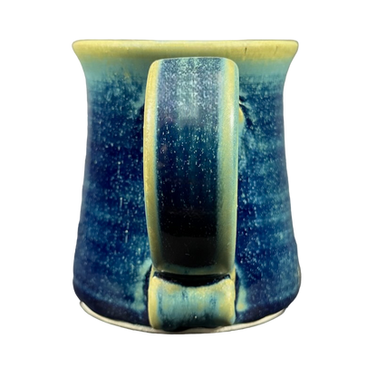 Green blue signed Lindsoe Clayworks mug with a unique glossy finish and sturdy handle