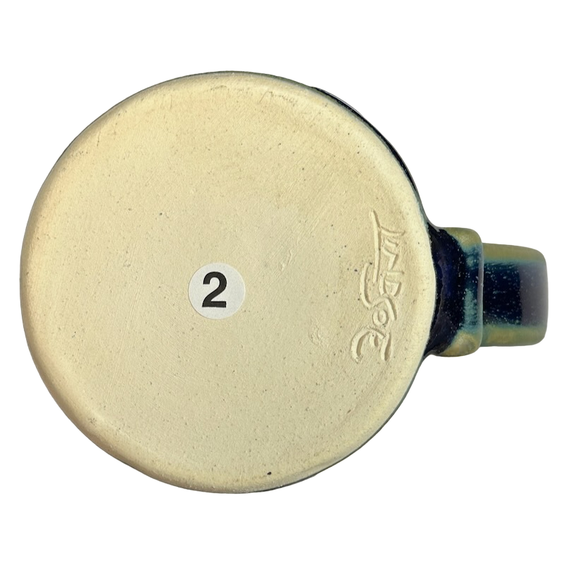 Green blue signed Lindsoe Clayworks mug with a smooth bottom and numbered detail