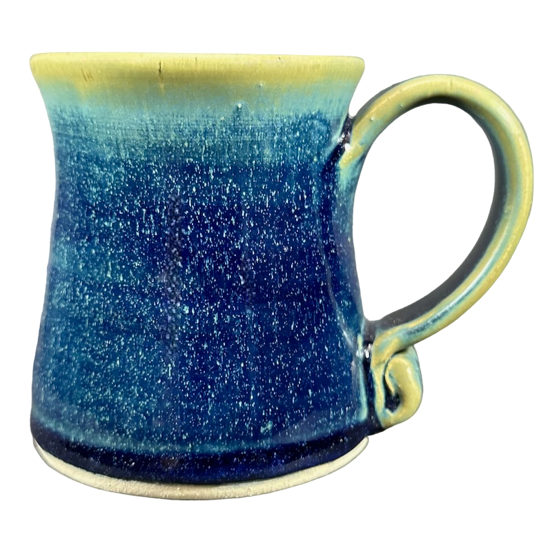 Green blue signed Lindsoe Clayworks mug with a glossy finish and unique swirl design
