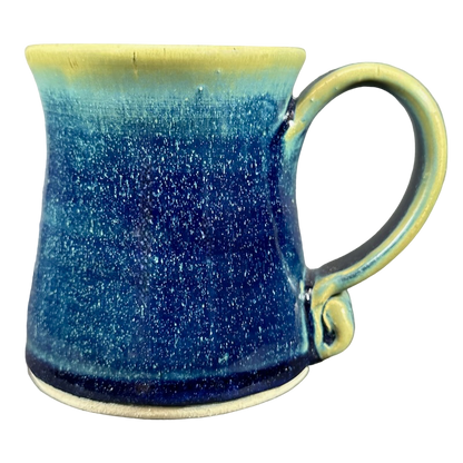 Green blue signed Lindsoe Clayworks mug with a glossy finish and unique swirl design