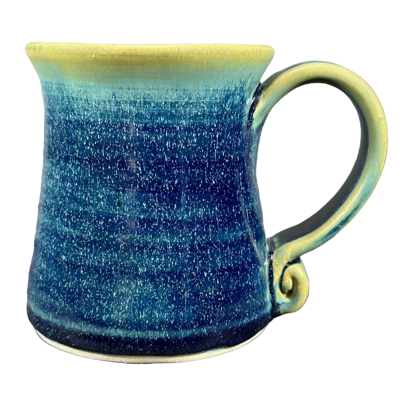 Handcrafted green blue signed Lindsoe Clayworks mug with a unique glaze finish