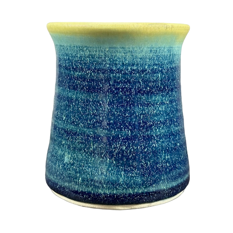 Handcrafted green blue signed Lindsoe Clayworks mug with a glossy finish and unique texture