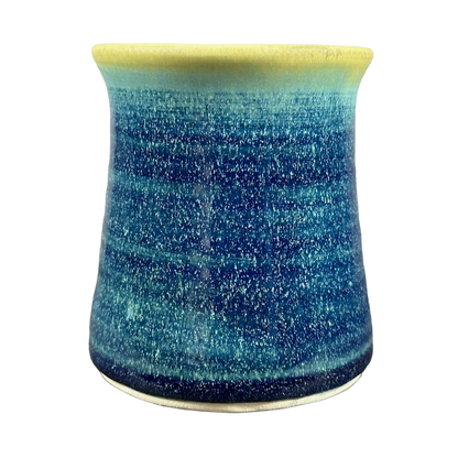 Handcrafted green blue signed Lindsoe Clayworks mug with a glossy finish and unique texture