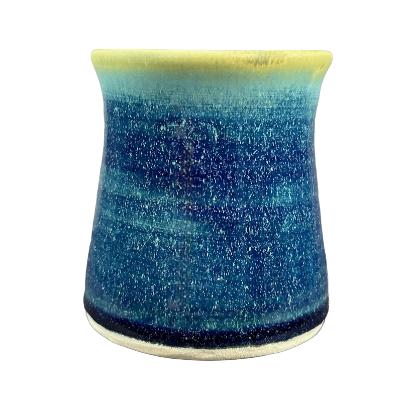 Green blue signed Lindsoe Clayworks mug with a smooth, glossy finish and unique design