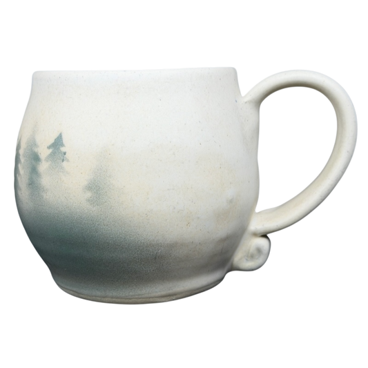 Lindsoe Clayworks trees collectible mug featuring a beautiful forest silhouette design