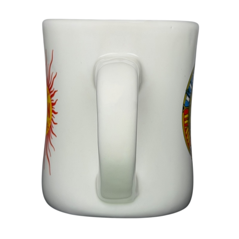 Lion Coffee vintage Mug featuring colorful sun designs on a white ceramic background