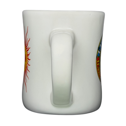 Lion Coffee vintage Mug featuring colorful sun designs on a white ceramic background
