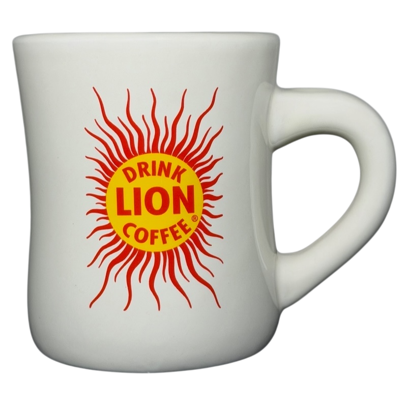 Lion Coffee vintage Mug featuring a vibrant sun design and bold lettering