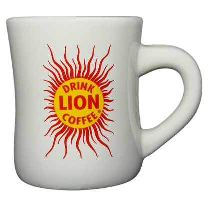 Lion Coffee vintage Mug featuring a vibrant sun design and bold lettering
