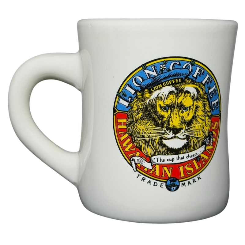 Lion Coffee vintage Mug featuring a colorful lion design and Hawaiian Islands branding