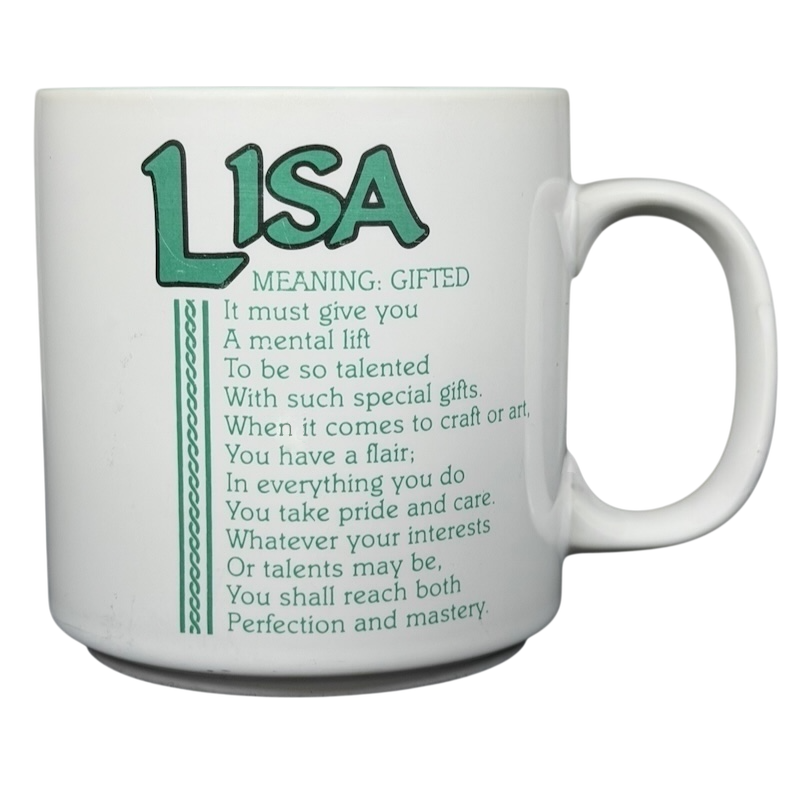 LISA poetry vintage mug Papel with a green interior featuring the meaning of Lisa as gifted