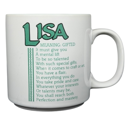 LISA poetry vintage mug Papel with a green interior featuring the meaning of Lisa as gifted