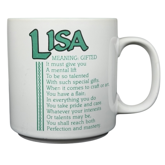 LISA poetry vintage mug Papel with a green interior featuring the meaning of Lisa as gifted