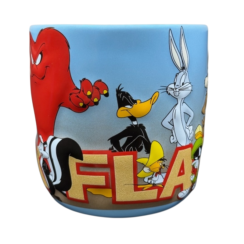 Looney Tunes 3D embossed Six Flags mug featuring iconic characters like Bugs Bunny and Daffy Duck