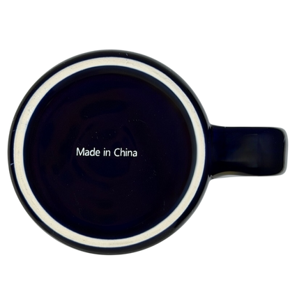 Bottom view of a glossy black Louder With Crowder Mug with clean white rim and text