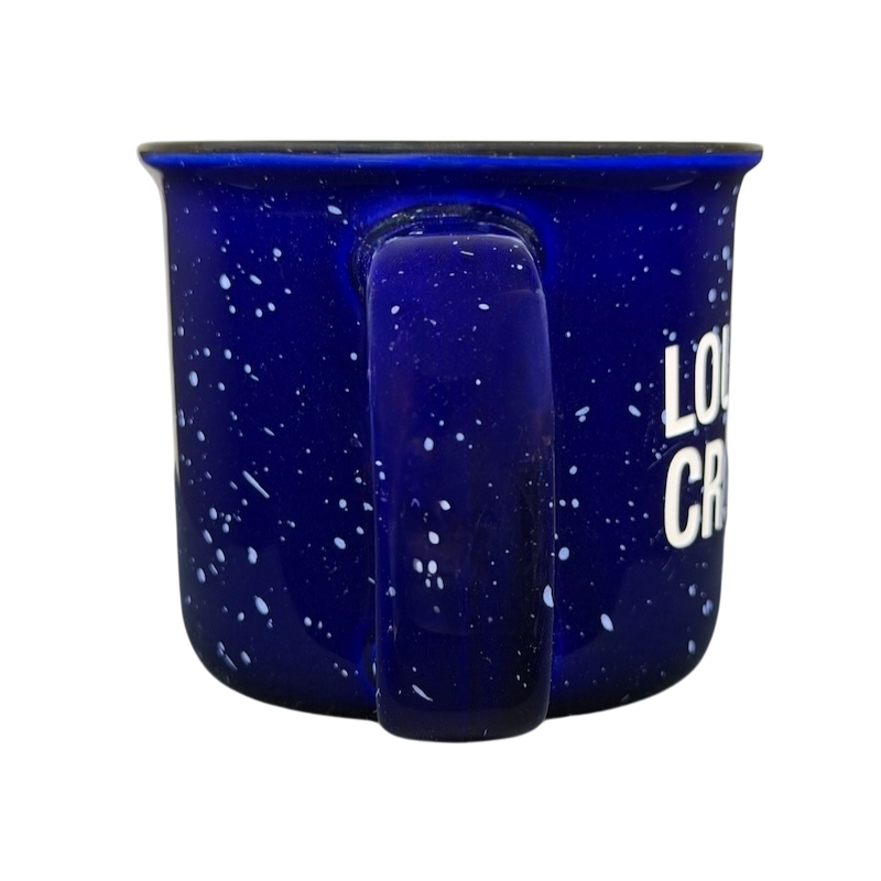 Louder With Crowder Mug in navy blue with a speckled design and comfortable handle