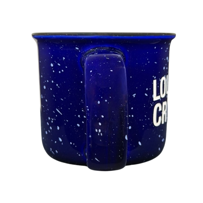Louder With Crowder Mug in navy blue with a speckled design and comfortable handle