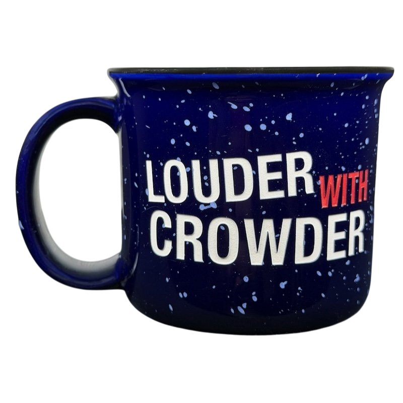 Louder With Crowder Mug in Navy Blue with Bold White Text for Fans of the Podcast