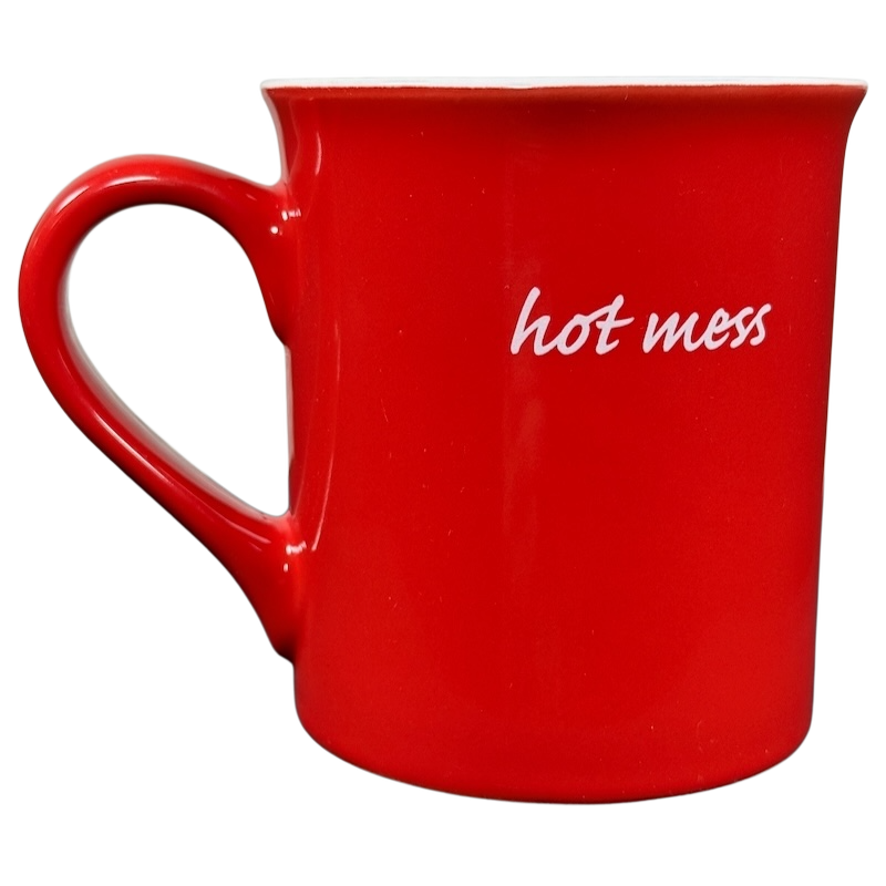 Red ceramic coffee mug with white script reading hot mess by Love Your Mug hot mess Love Your Mug