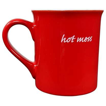 Red ceramic coffee mug with white script reading hot mess by Love Your Mug hot mess Love Your Mug