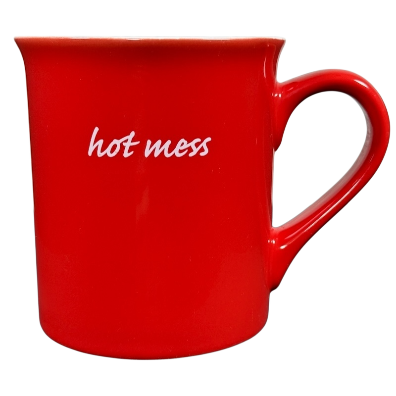 Red ceramic coffee mug with white hot mess script and curved handle hot mess Love Your Mug