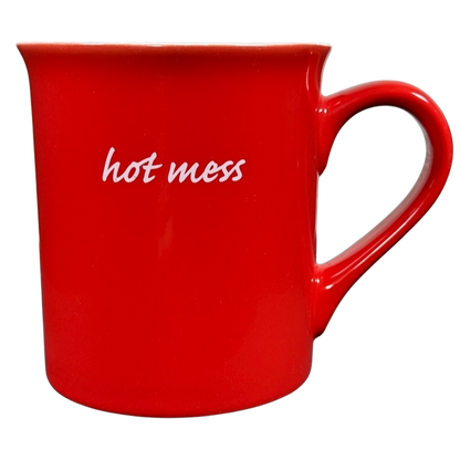 Red ceramic coffee mug with white hot mess script and curved handle hot mess Love Your Mug
