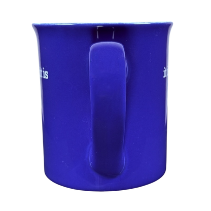 Royal blue ceramic coffee mug with large handle front view it is what it is Love Your Mug printed slogan