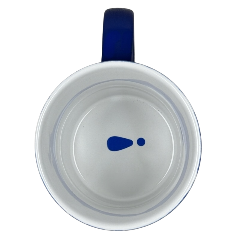 Top view white ceramic mug with blue handle and droplet graphic at bottom it is what it is Love Your Mug.