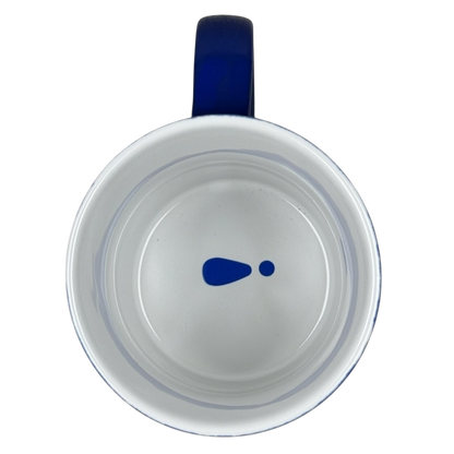 Top view white ceramic mug with blue handle and droplet graphic at bottom it is what it is Love Your Mug.