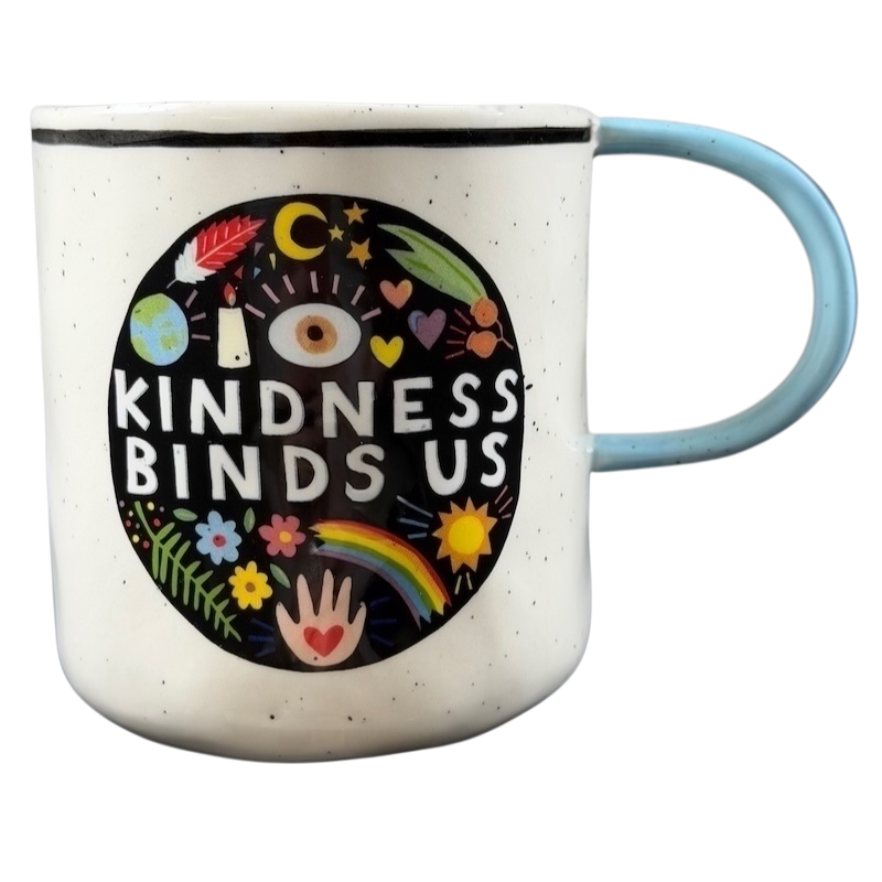 Luke John Matthew Arnold Anthropologie Kindness mug with colorful design and blue handle