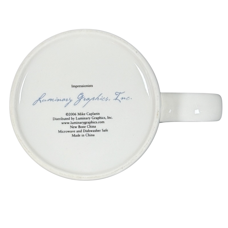 Bottom view of white ceramic mug showing Luminary Graphics logo and imprint literary luminary impressionists mug vintage