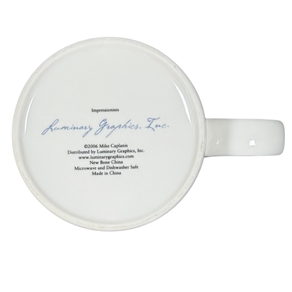 Bottom view of white ceramic mug showing Luminary Graphics logo and imprint literary luminary impressionists mug vintage
