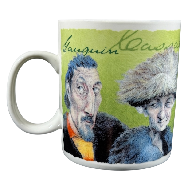 White ceramic mug with caricature portraits of impressionist artists on green literary luminary impressionists mug vintage