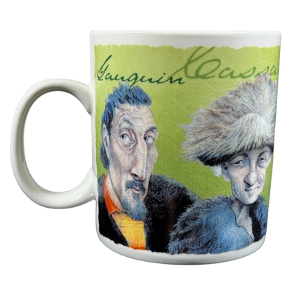 White ceramic mug with caricature portraits of impressionist artists on green literary luminary impressionists mug vintage