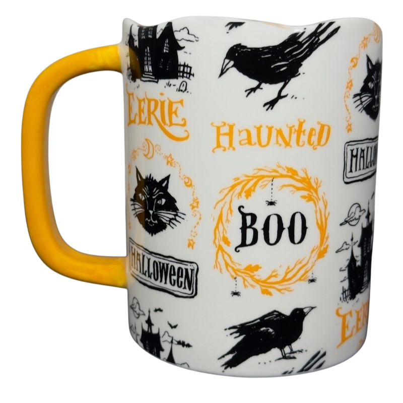 Magenta Angela Staehling Halloween collectible mug white ceramic with yellow handle featuring crows cats and BOO wreath