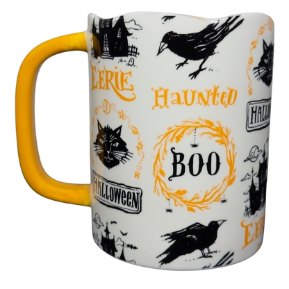 Magenta Angela Staehling Halloween collectible mug white ceramic with yellow handle featuring crows cats and BOO wreath