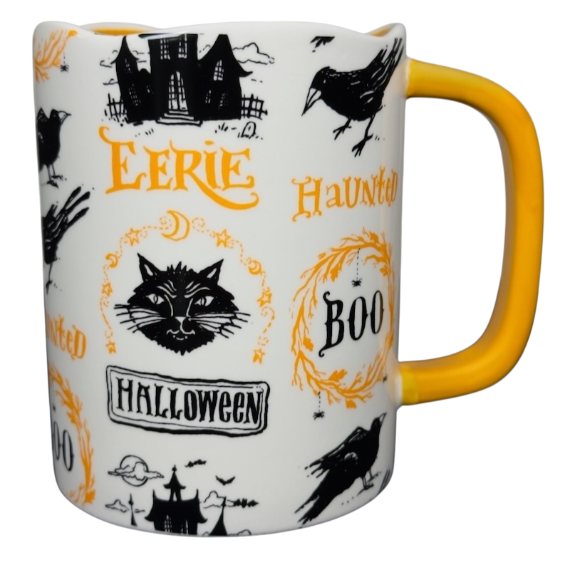 Angela Staehling Halloween collectible mug white ceramic with black orange spooky cat crows yellow handle